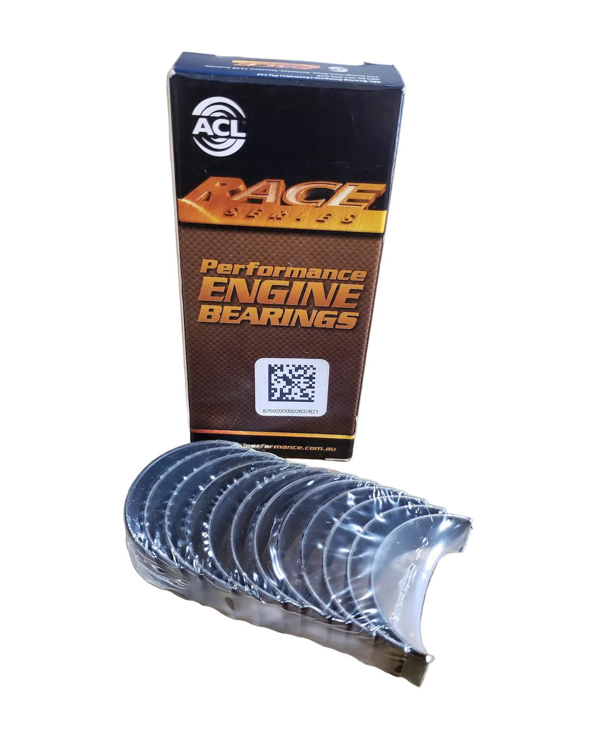 A set of ACL Race Series connecting rod bearings for BMW M20, S50, and S52 engines displayed in front of its packaging which reads 'Performance Engine Bearings'.