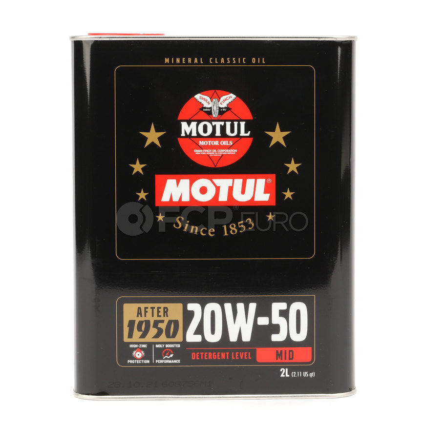 Motul 20W50 Classic Performance conventional engine oil with high zinc content in 2L metal can.