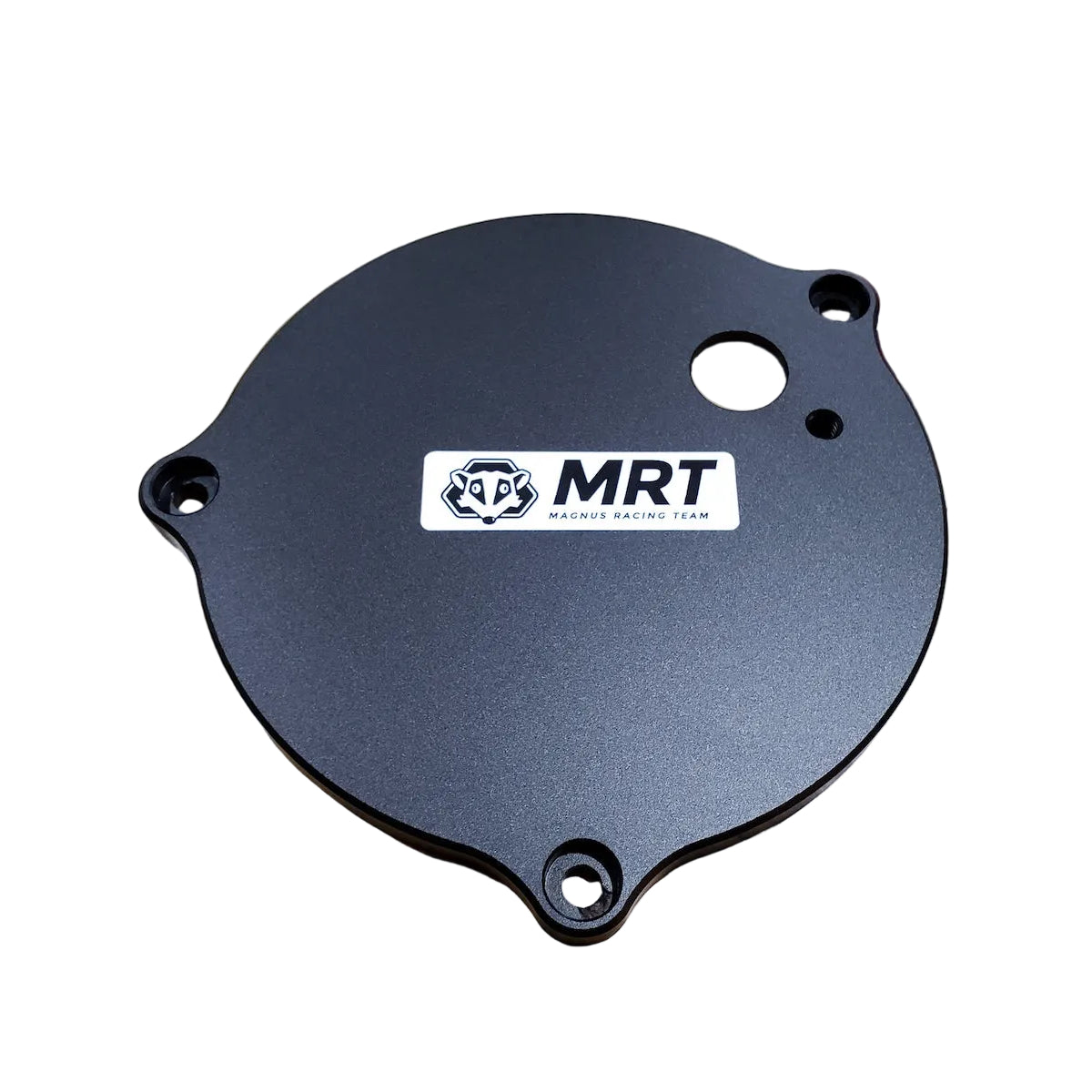 A black aluminum BMW M20 camshaft position sensor adapter plate with the MRT logo.