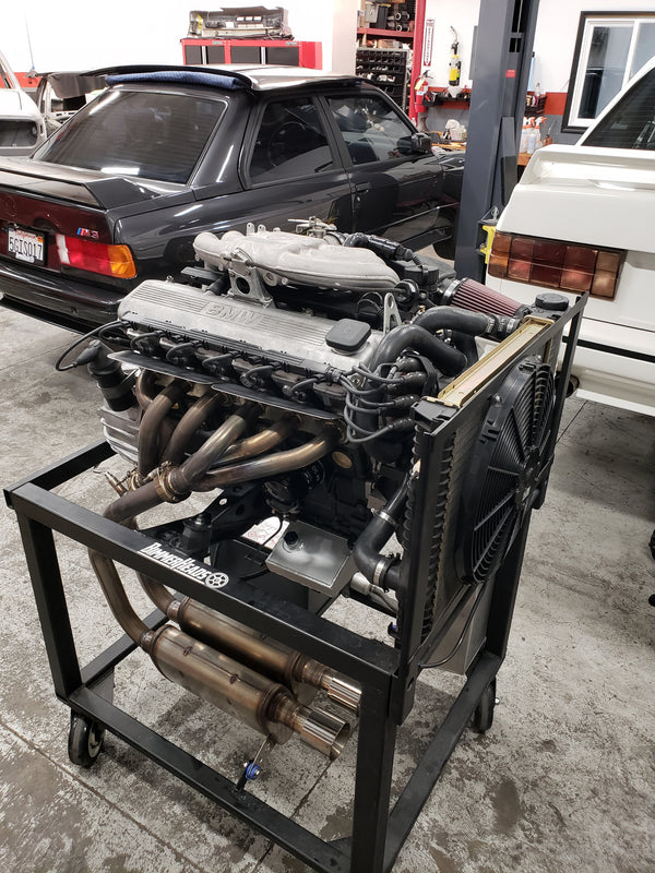BimmerHeads BMW M20 engine on custom built engine run stand.