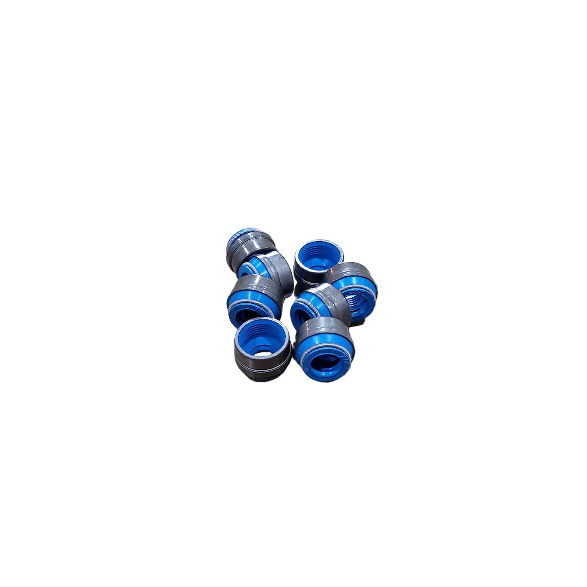 A set of eight blue and silver performance valve seals for BMW M10 engines.