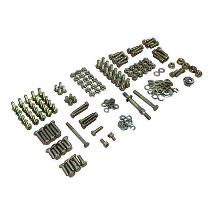 A hardware kit containing various bolts, nuts, washers, and screws in a zinc chromate finish, for the BMW M20 engine.