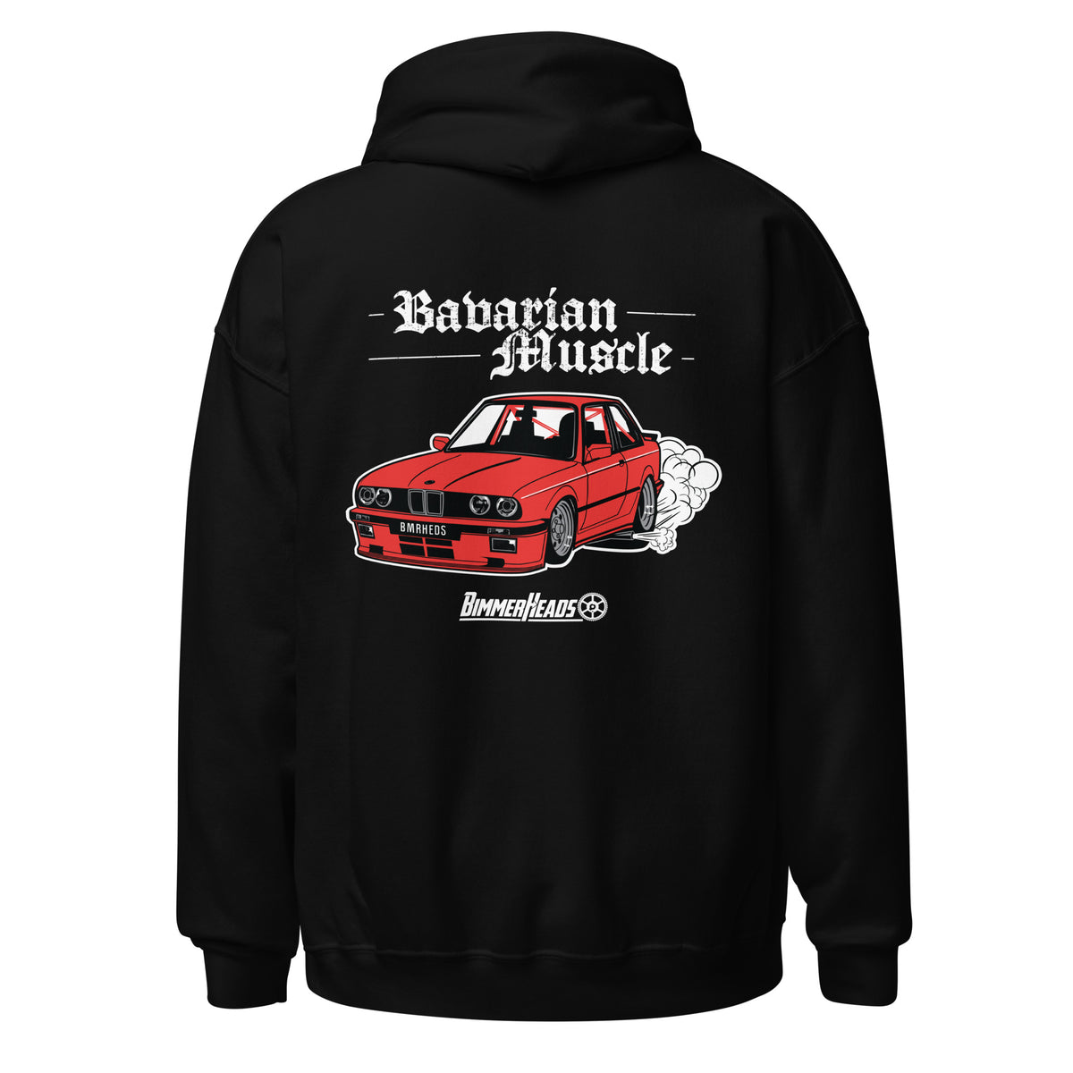 Black BimmerHeads Bavarian Muscle Hoodie with red BMW E30 graphic and white Bavarian Muscle lettering on the back