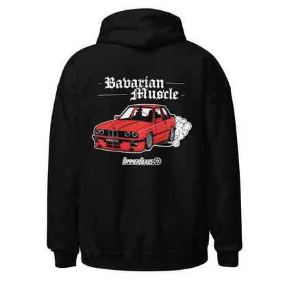Black BimmerHeads Bavarian Muscle Hoodie with red BMW E30 graphic and white Bavarian Muscle lettering on the back