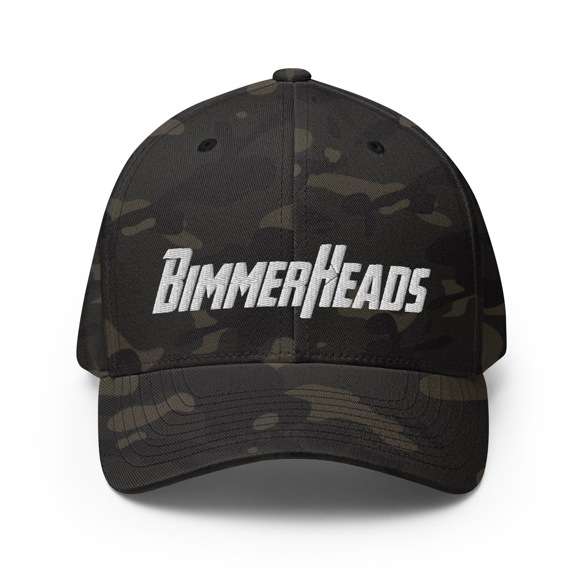 BimmerHeads Flexfit hat in black camo front view