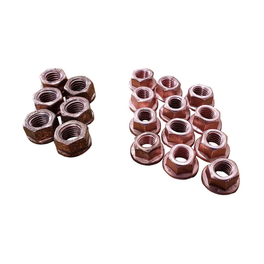 Copper exhaust nut set for BMW M20 engines. Comes with 12 smaller nuts for manifold to head and 6 larger nuts for manifold to downpipe.