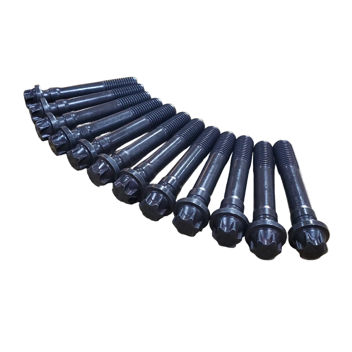 A set of 12 black BMW OEM connecting rod bolts for BMW M20 engines.