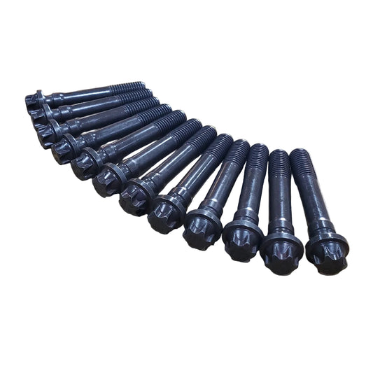 A set of 12 black BMW OEM connecting rod bolts for BMW M20 engines.