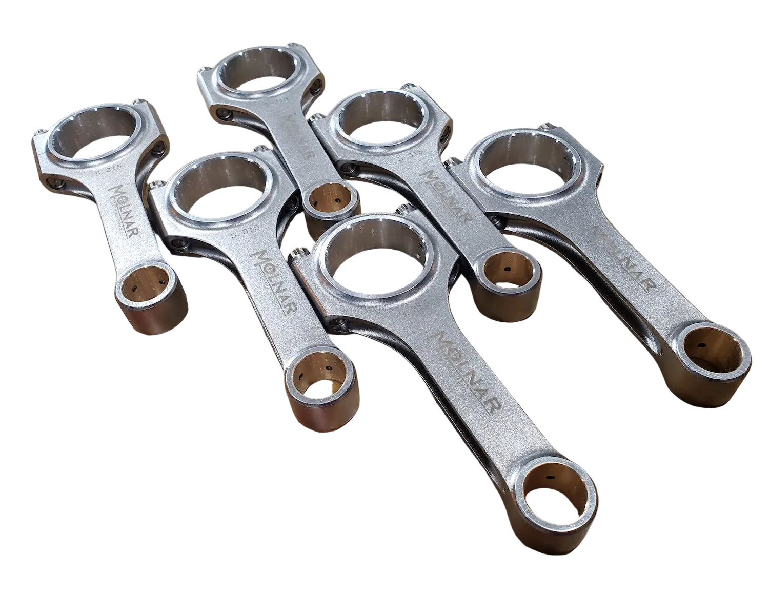 Set of 6 Molnar H-Beam connecting rods with ARP hardware for BMW M20, S50, and S52 engines.